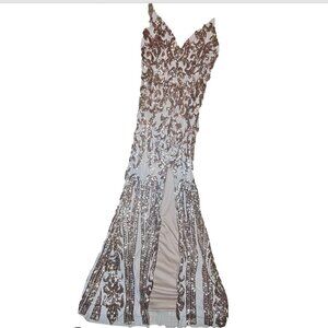 Agaci Gold Sequin High Slit Fitted Gown SZ L 8/10 Formal Gala Prom Stretchy